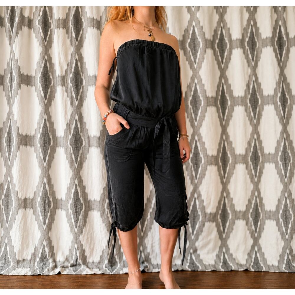 Bebe Y2K Black Silk Strapless Cargo Romper Wide Leg Tie Waist XS Glam Disco